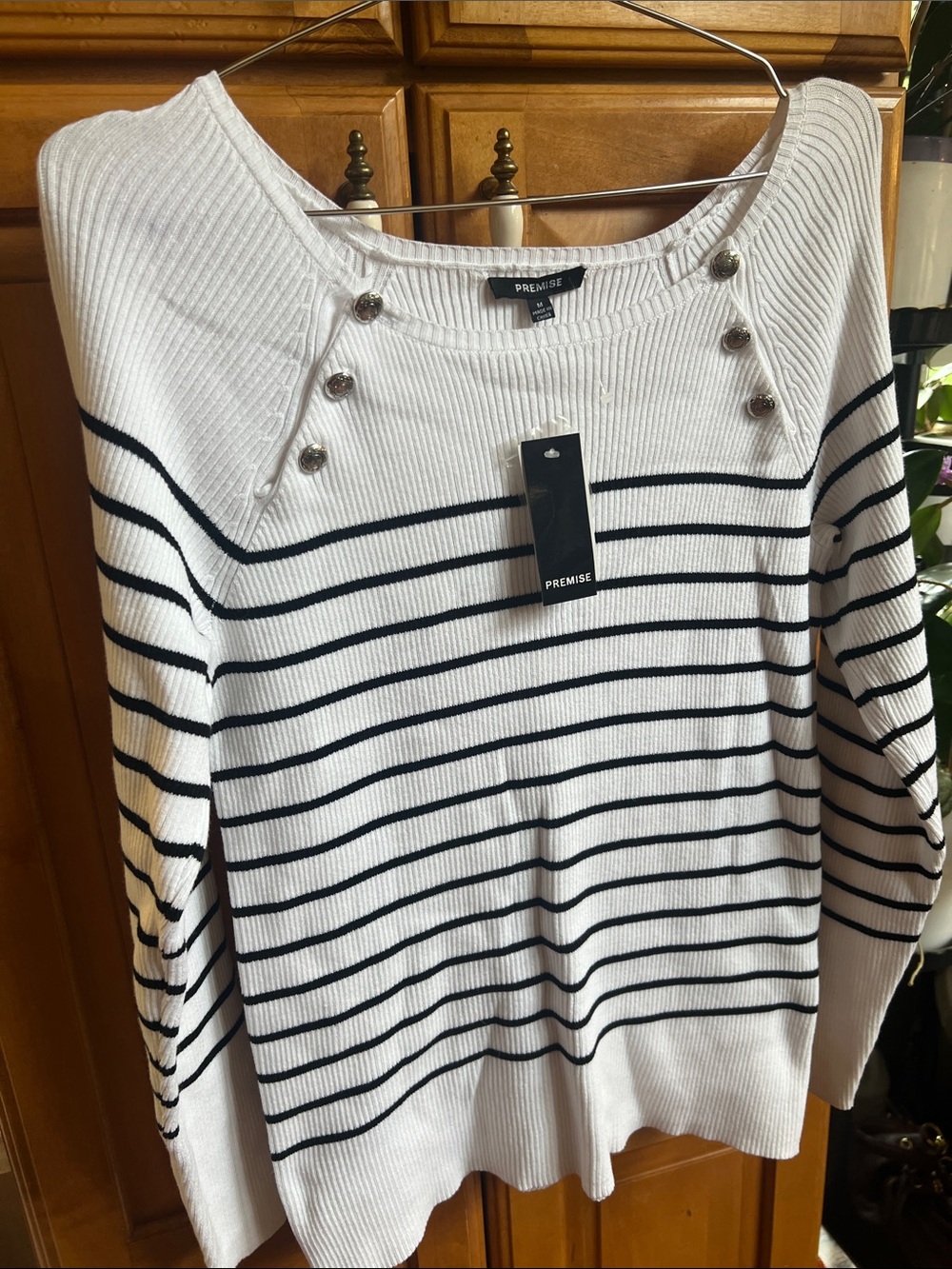Premise White Black Striped Button-Shoulder Sweater